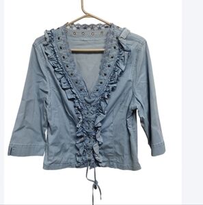 Lafei Nier Denim Ruffle Embroidered Boho Shirt Top